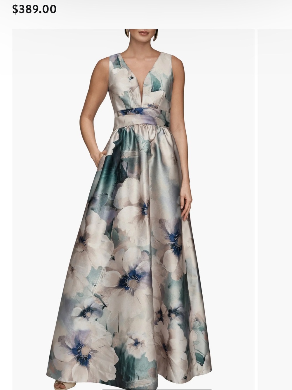 Donna Karan Floral Plunge Neck Ball Gown Dress - Cream & Teal - Picture 4 of 8